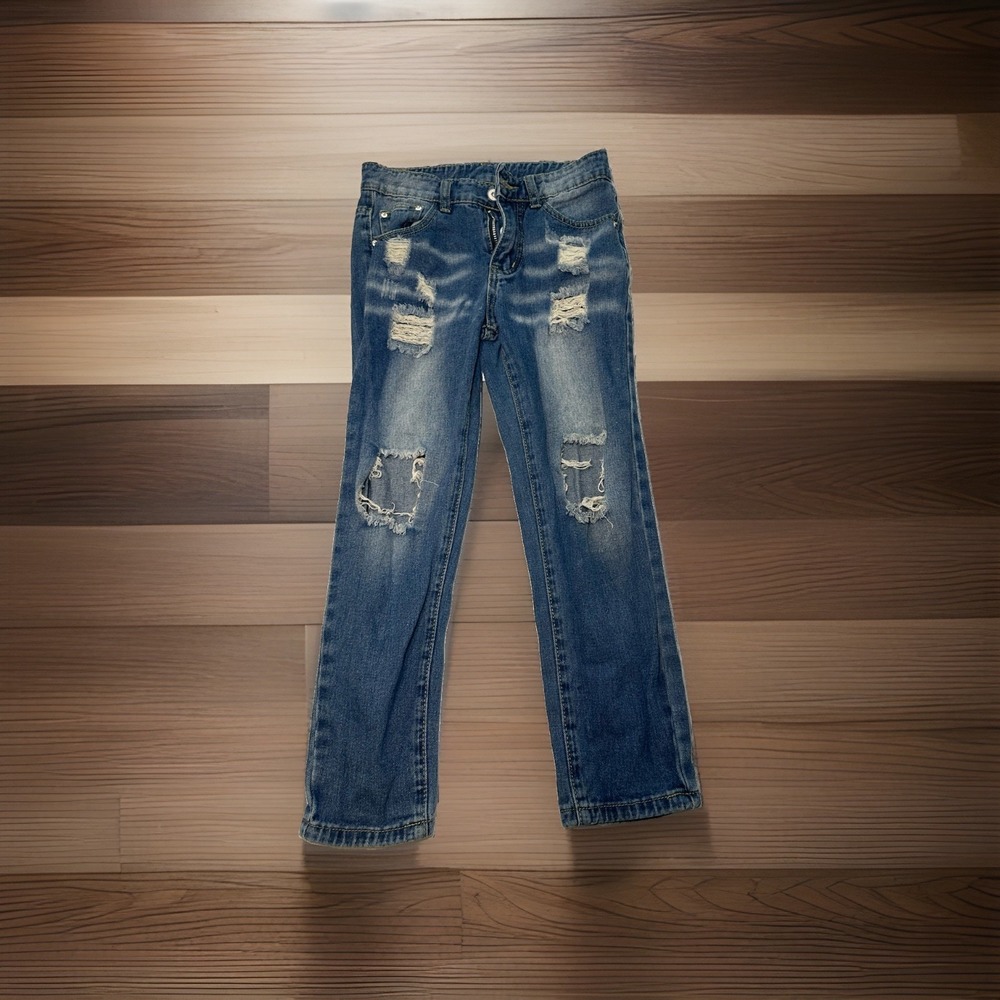 Boys Distressed Blue Jeans Size 8Y Straight Leg Denim Pants Trendy Grunge Casual
